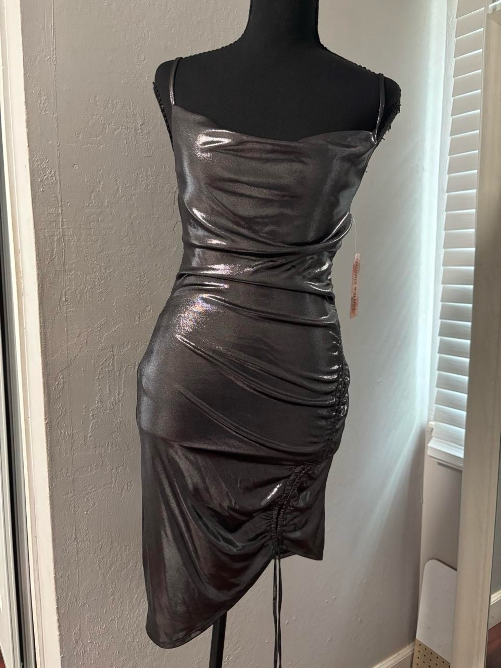 Black Metallic Ruched Slip Dress